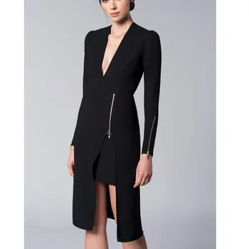 

2020 New Spring Summer V-neck Solid Color Zipper Simple Split Slim Dress Women High Street Temperament Dress Tide M002