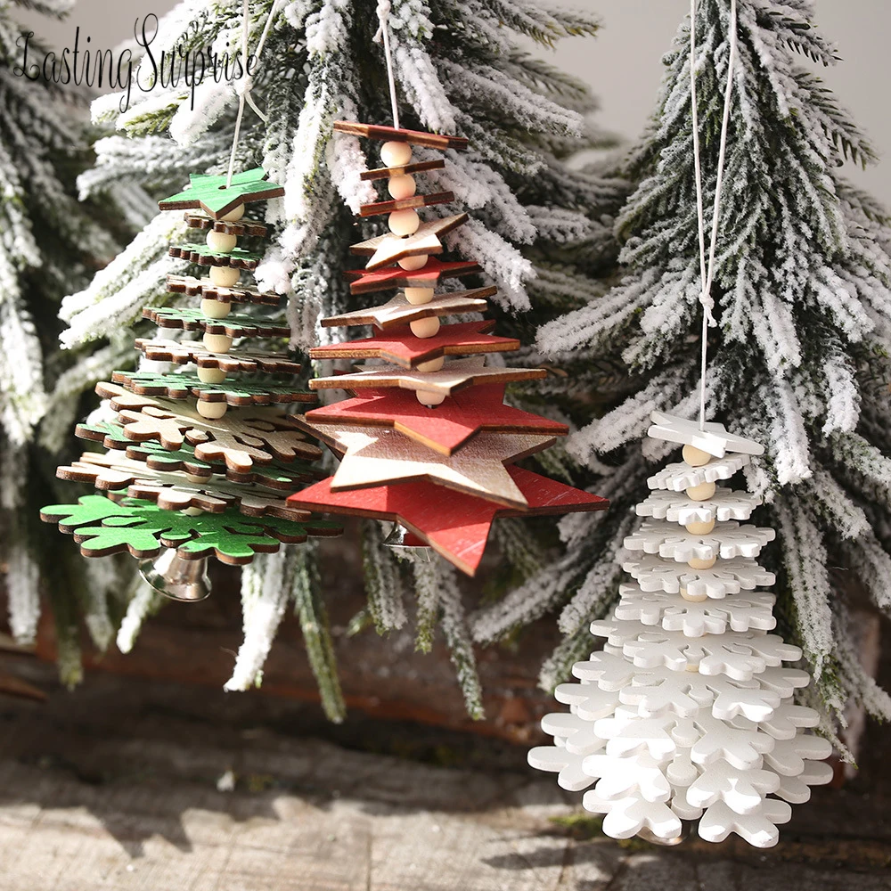 

New Rotate Christmas Tree Ornaments Xmas Tree Hanging 3D Snowflake Pendants Wooden Small Bell Decorations for Home Office Gift