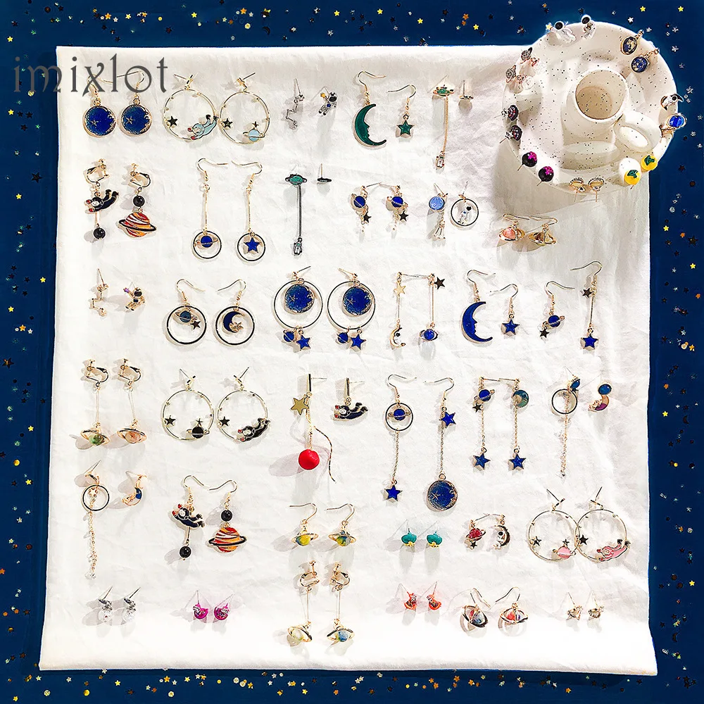 Модные женские серьги-гвоздики с голубыми и розовыми звездами и луной, золотые, Асимметричные Длинные Серьги