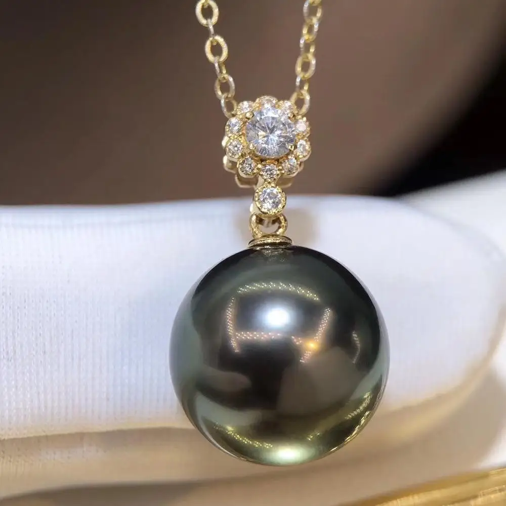 

D706 Pearl Pendant Fine Jewelry Solid 18K Gold 11-12mm Nature Seawater Tahiti Black Pearls Pendants Necklaces for Women