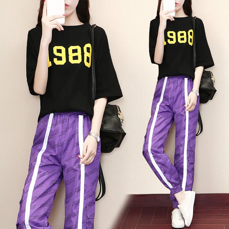 

Korean-style Loose Fashion Casual Sports WOMEN'S Suit Short Sleeve T-shirt Tops Harem Pants Two-Piece Set Jogging Suits Crew Nec