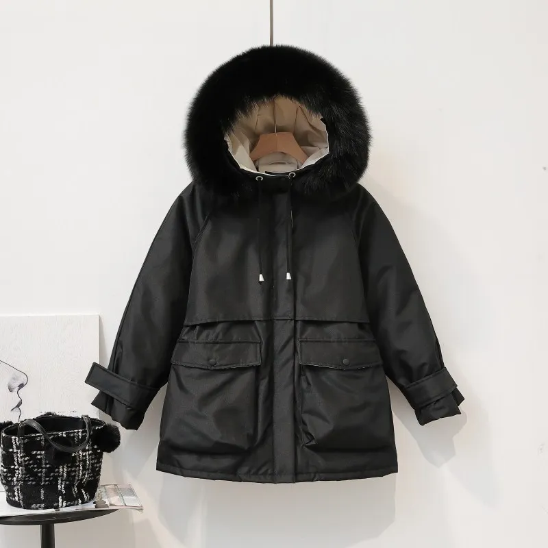 CRRIFLZ, женские зимние куртки, короткие, натуральный мех, теплый, уплотненный пуховик, 90% белый утиный пух, куртки, Лисий мех, воротник, пальто с капюшоном - Цвет: Черный