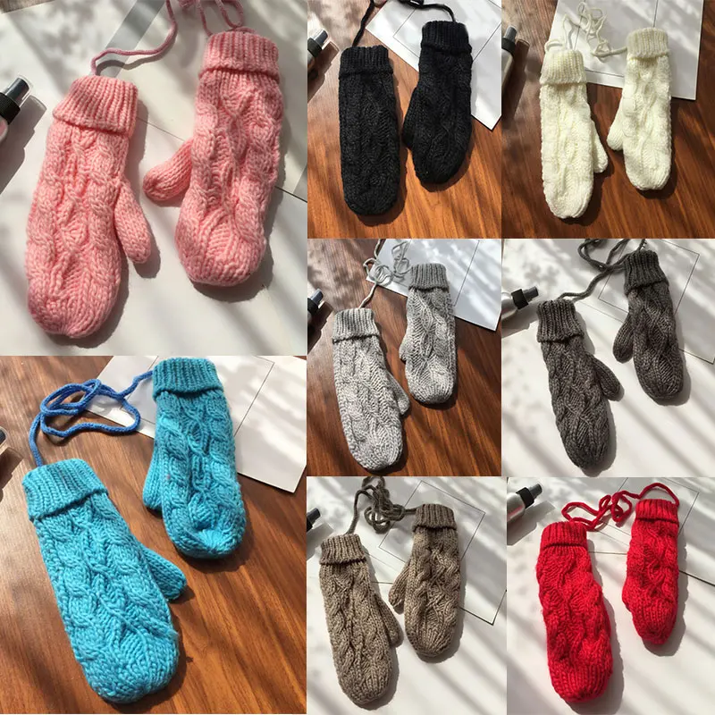 

Knitted Gloves Hand Warmer Solid Color Full Finger Mittens Double-layer Thicken Hanging Neck Gloves Twist Crochet Fashion Lovely