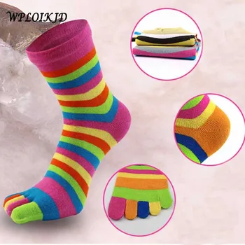 

Korean Style Women Cute Funny Five Fingers Trainer Rainbow Color Stripe Toe Socks Hot Sale Casual Cotton Funny Women Socks Femme