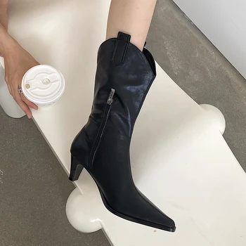 

Heels Luxury Women High Mid Calf Boots 2020 Winter Vintage Cowboy Boots Low Heels Pastel Western Cowgirl Boots Designer Shoes