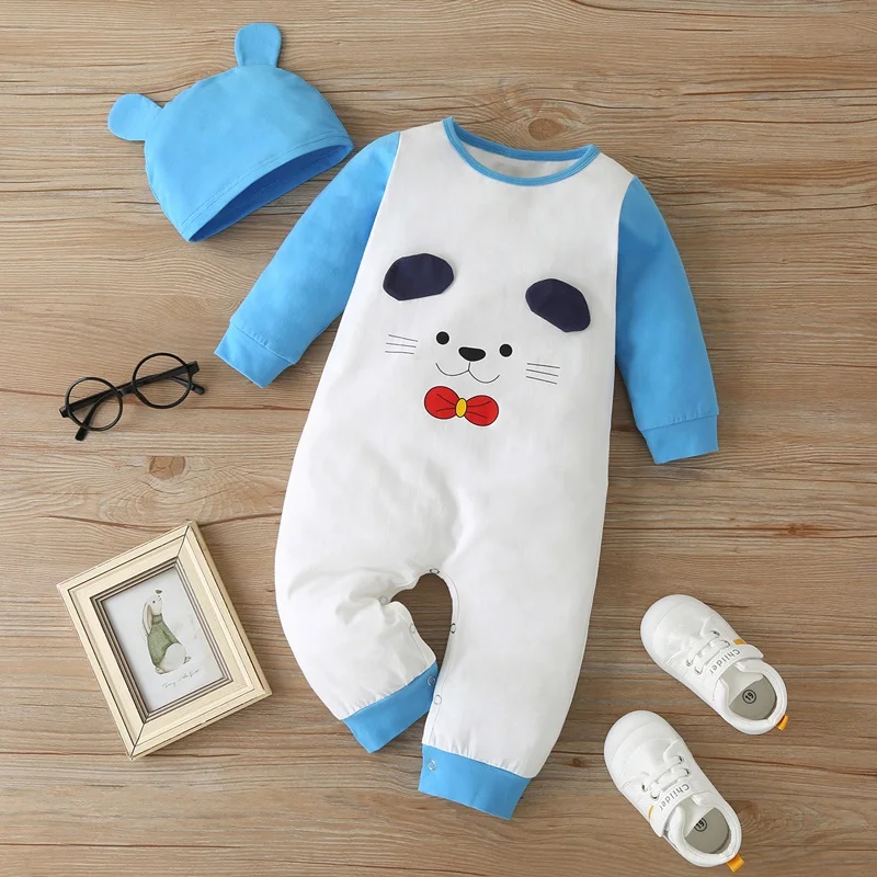 

2PCS Set Baby Girl Clothes Winter Autumn Cotton Cute Cartoon Cat Patchwork Long Sleeve Baby Romper+hat Baby Boy Clothes 0-12M