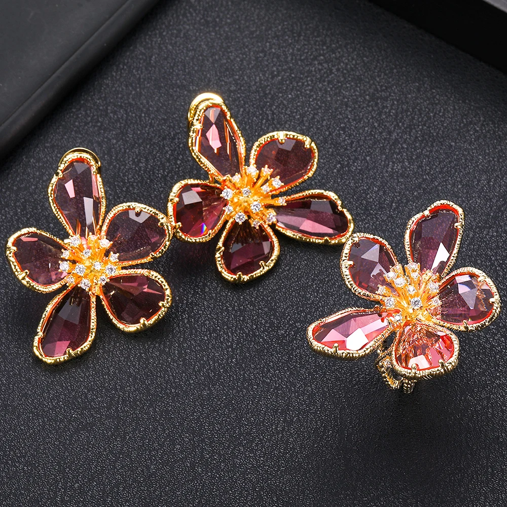 Новый дизайн Красный AAA циркон круглый цветок форма серьги кольцо набор для