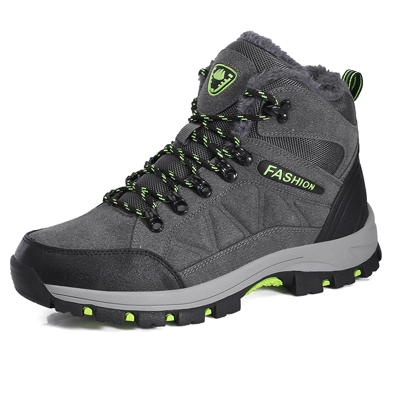 Мужские ботинки из коровьей кожи для пеших прогулок, водонепроницаемые спортивные Трекинговые ботинки, зимняя уличная альпинистская обувь с мехом - Цвет: (Men)Grey