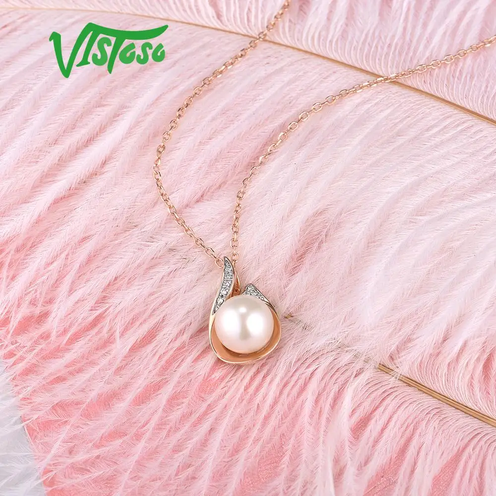 Kopen VISTOSO Gouden Hanger Voor Vrouwen Pure 14K 585 Rose Goud Fonkelende Diamant Elegante Zoetwater Parel Hanger Voor Lady fijne Sieraden