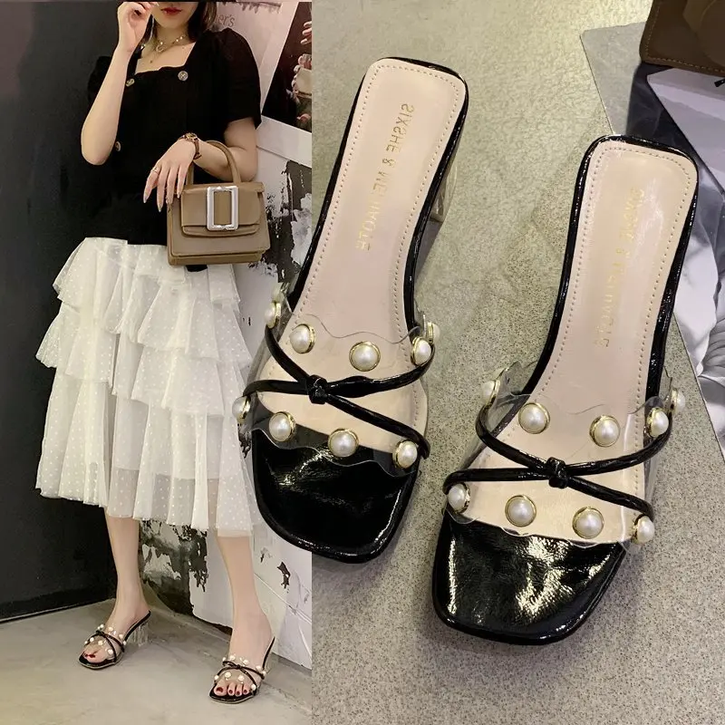 

2020 clear heels slippers women sandals summer shoes fish mouth square heels women pumps transparent high heels sandals bow