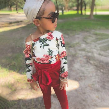 

Baby's Set Two Piece Girls Full Body Floral Long Sleeved Bodysuit Solid Color Trousers