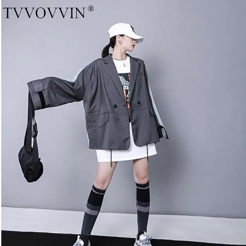 Women Blazer Denim Patchwork Womens Blazers Long Sleeve Double Breasted Blazer Drawstring Loose Women Jackets Spring AS003