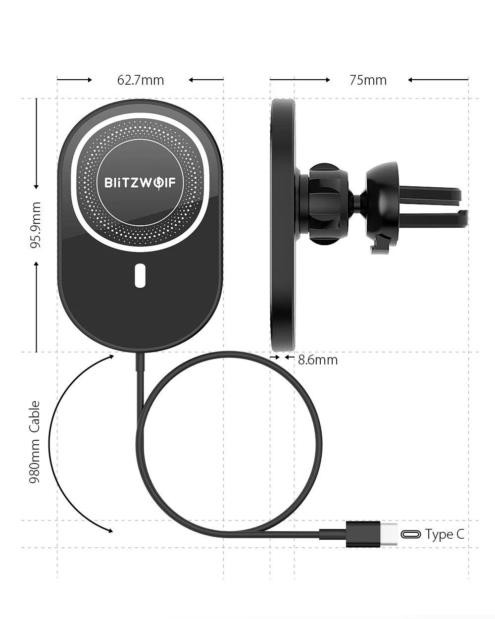 18 watt car charger BlitzWolf BW-CW4 15W Qi Wireless Charging for iPhone 13 series for iPhone 12 series Fast Wireless Phone Charger Car Chargers usb c car