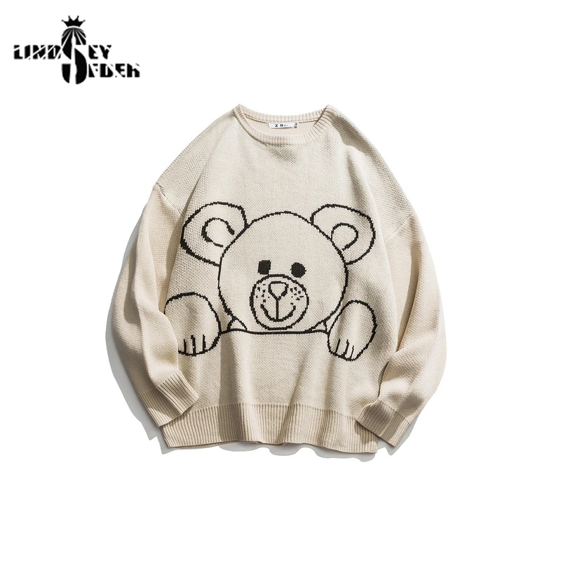 

Sweater Men Pullover Knitwear Round Collar Sweaters Teddy Bear Print Blue Green Skin Color Warm Winter Inside Outwear Sweater