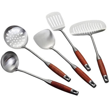 

Kitchen Set - 5 Pieces Of Stainless Steel Cookware with Non-Slip Wooden Handle, Including Spatula Spoon, Durable Cookware, 5