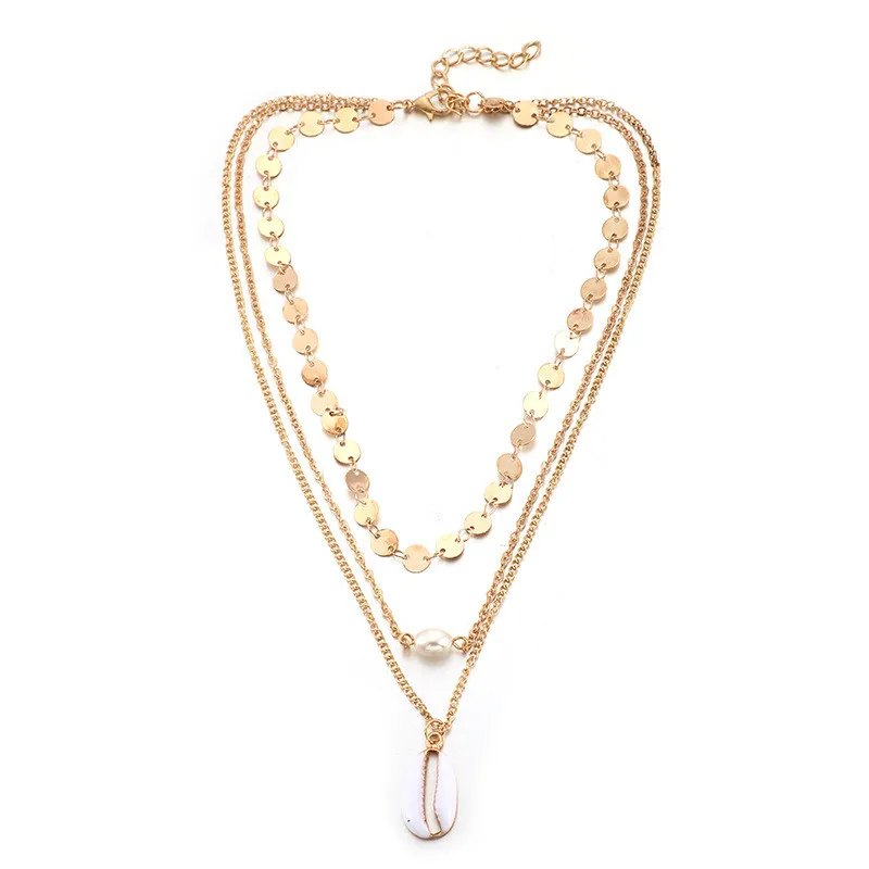 

Sea Shell Simulated Pearl Pendant Necklace Multi Layer Charm Long Chain Round Sequins Choker For Women Simple Jewelry