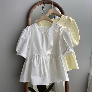 

sweet solid puff sleeved women blouse 2020 summer new o-neck half-sleeved ruffles A-line elegant pulls outwear tops