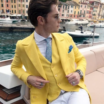 

Yellow Jacket Vest With Light Grey Pants Men Suits Prom Groom Tuxedos Slim Fit Style Suits Custom 3 Pieces (Jacket+Pant+Vest)