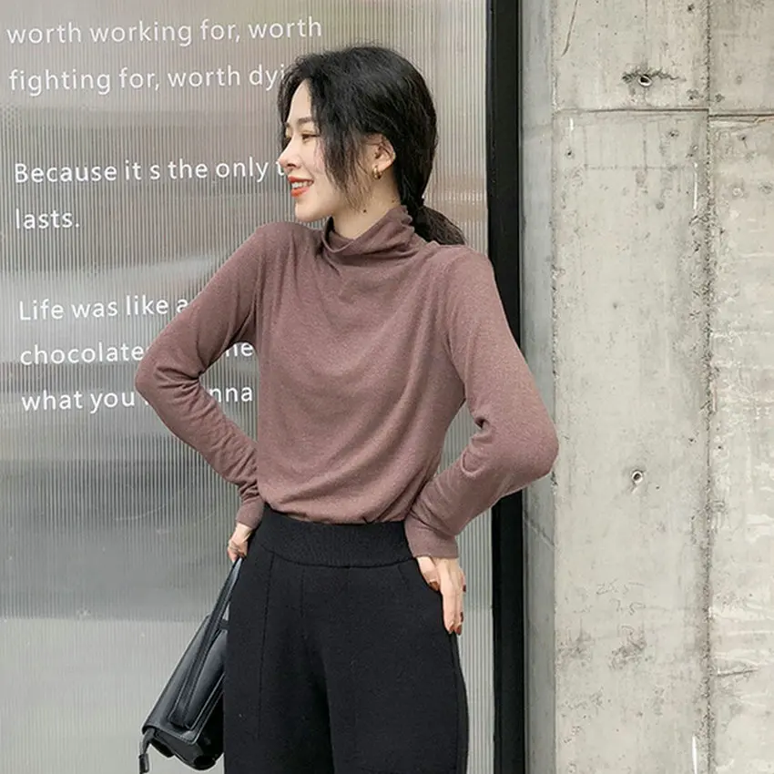 

Korean Style Women Winter Basic Soft Turtleneck Blouse Gray Brown Camel High Collar Bottoming Tops Female Leisure Clothings 2020