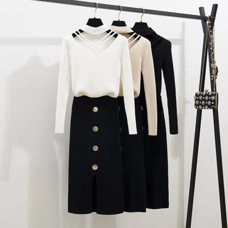 

2020 Autumn Winter High Quality New Pattern Women Fashion Hollowing Out Knitting Pullover+Opening Fork Half Body Skirt Set