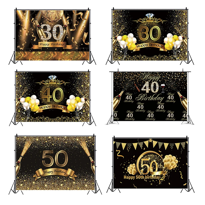 Черный золотой фон Happy 30 40 50 день рождения украшения для взрослых 30th 40th 50th