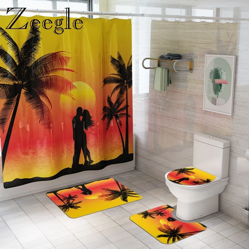Zeegle Baht Mat Set 3D Printed Shower Mat Waterproof Shower Curtain with Hooks Toilet Shower Mat Anti-slip Bathroom Doormat