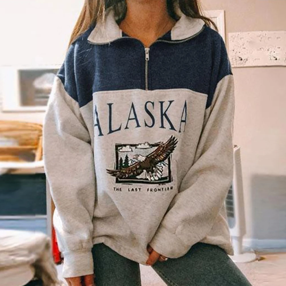 

Women's cotton Stand collar half zipper letter printing long sleeve sweatshirts Vintage Grey casual loose sweatshirt Hoodie