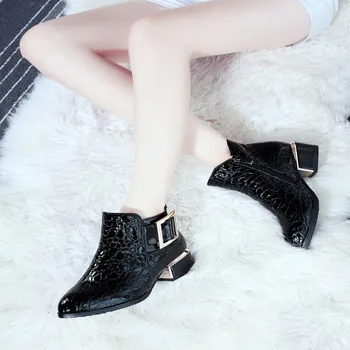 

women boots autumn winter new sexy fashion patent-leather zip pointed toe ankle boot black blue red high-heeled Martin shoes#N3