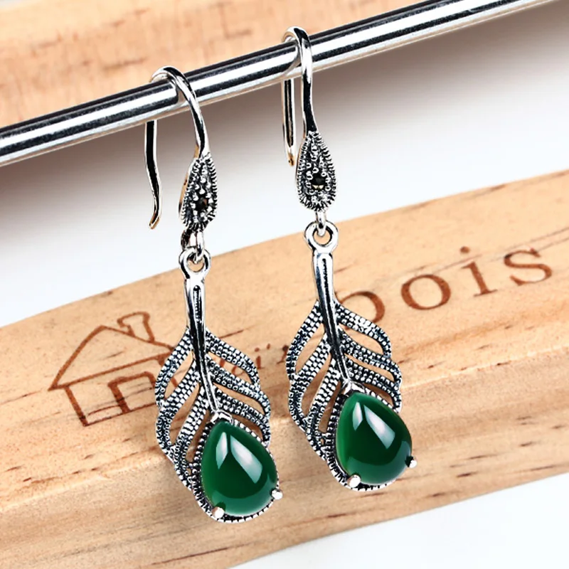 

ZHJIASHUN Retro 100% 925 Sterling Silver Earrings For Women Vintage Natural Precious Stone Earring Thai Silver Jewelry