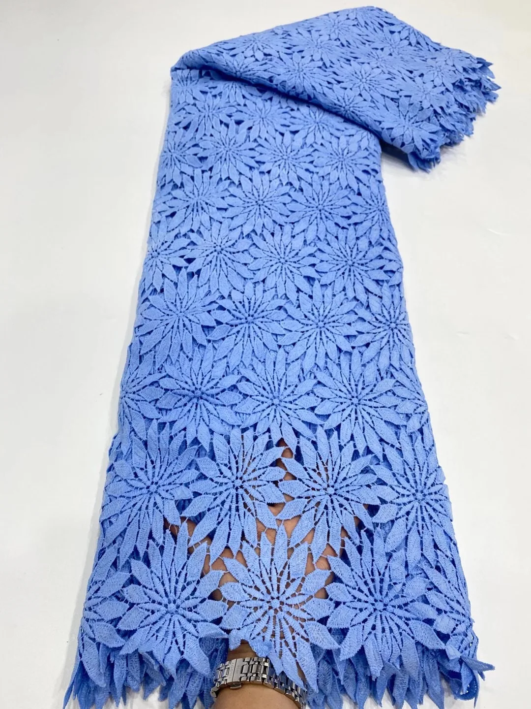 

French Sky Blue Guipure Lace Fabric 2021 High Quality Nigeria Cord Lace Fabric Sewn African Lace Fabric Wedding Dress D4476