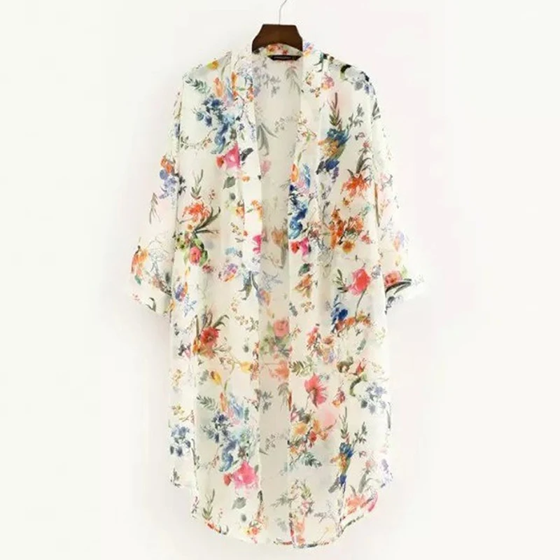 Women Vintage Floral Chiffon Shirts Small Fresh Simple Long Sunscreen Blouse Loose Shawl Kimono Cardigan Boho Tops