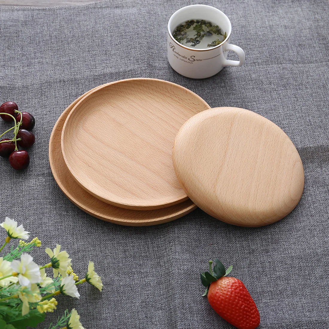 

Hot 20cm/18cm/15cm Japanese Style Round Natural Wooden Serving Tray Tea Cutlery Tray Plate Dish Tableware Storage Pallet - Beech