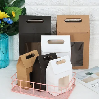 6Pcs Pack Kraft Paper Candy Wrapping Bags Clear PVC Window Paper Package Kids Gifts Wedding