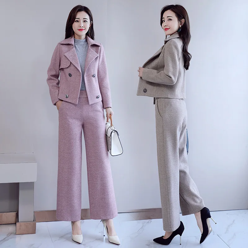 

2019 Autumn New Style WOMEN'S Dress Korean-style Elegant Commuting Set-Style Stripes Woolen Jacket Trousers Two-Piece Set