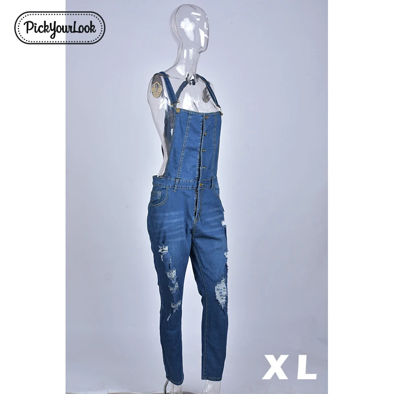 Baratos Pickyourlook Mujer Plus tamaño mono Denim azul correa de moda dama mono vestido de gran tamaño de cuerpo de mujer monos cortos