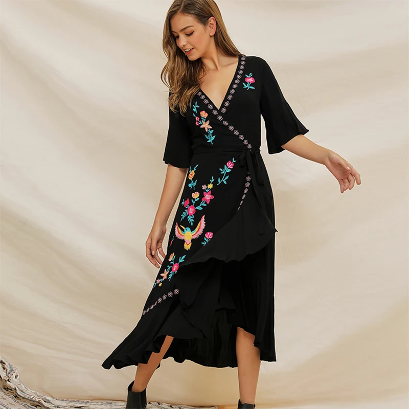 GypsyLady цветочные вышитые платья с запахом Черное макси женское платье с v-образным вырезом с завязками и оборками Бохо хиппи шикарное пляжное длинное праздничное платье