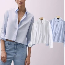 

Withered Autumn Short Blouse Women England High Street Fashion Solid Simple Poplin Cotton Blusas Mujer De Moda 2021 Shirt Tops