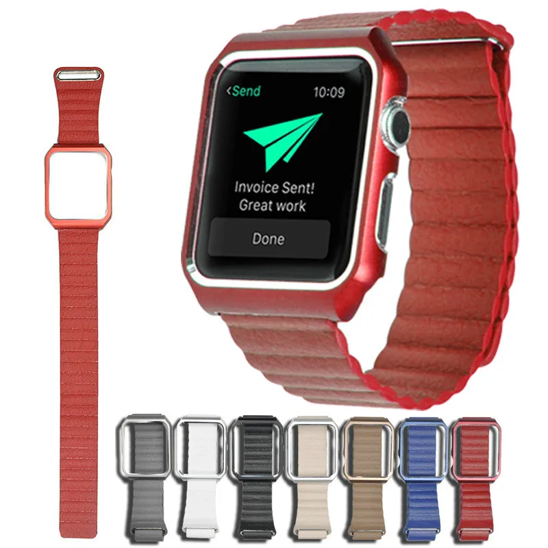 

leather watchband metal protetive cover for apple watch series 3 42mm iphone watch bracelet 44mm 40mm i watch belt 1 38mm
