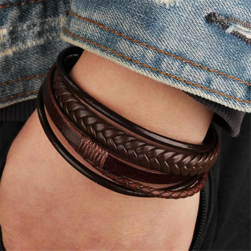 Trendy Genuine Leather Bracelets Men Stainless Steel Multilayer Braided Rope Bracelets for Male Female Bracelets Jewelry