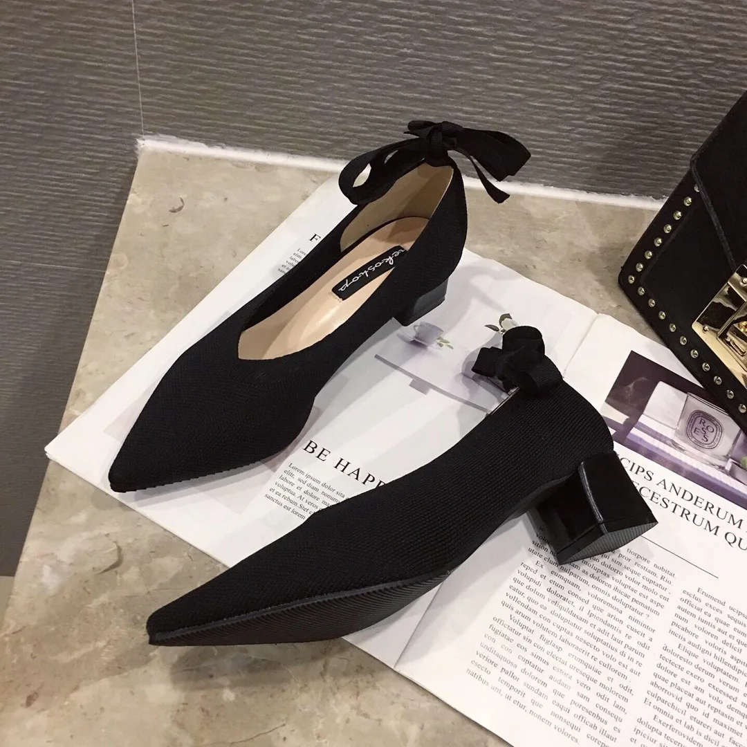 Туфли-лодочки с сетчатым бантом на низком каблуке однотонная обувь коллекция 2019