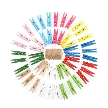 

91m Natural 50 Small Wooden Clothes Pegs 3.5 cm Jute String Garden Craft Cord Set Cord Clothe Spins Packaging