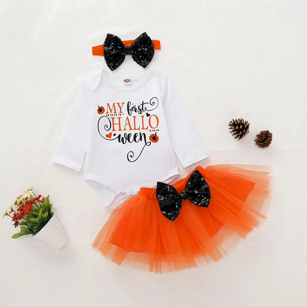 

Happy Halloween Outfits Newborn Infant Kids Baby Girl Boy Long Sleeve Romper Cotton Kid Unisex Pumpkin Print Rompers + Skirt