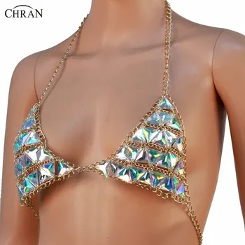 

Chran Lingerie Chain Halter Top Bra Body Chain Sexy Bikini Music Festival Sequin Bralette Dance Wear