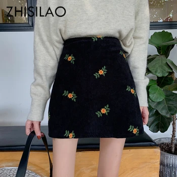 

High Waist Skirt Women Vintage Embroidery Flower Black Bodycon Pencil Mini Skirt Autumn Spring 2019 Corduroy Skirts
