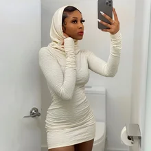 

Hooded Tight-fitting Dress Women Pure Color Casual Tight-fitting Long-sleeved Autumn Elegant Dress Basic Retro 2022 Mini Costume