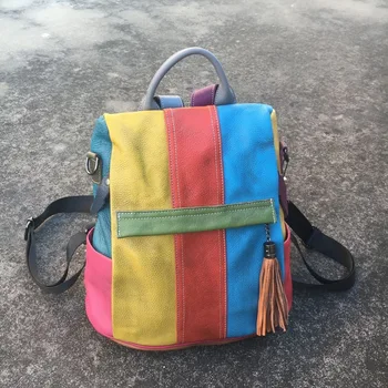 

Genuine Leather Rainbow Color Patchwork Retro Antique Handmade Individuality Female Durable Backpack Mochila