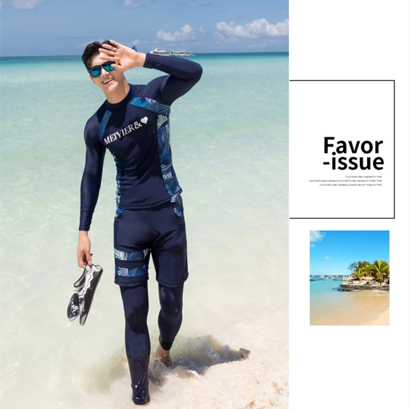 

Summer 2019 Korean style surfing tshirt mens 3 pieces with shorts+pants long sleeve swimsuit for man fashion UV swim rash guard