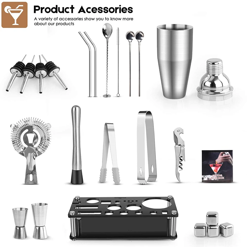 Bartender Kit Boston Cocktail Shaker Set With Acrylic Stand Stainless Steel Ice Cube For Mixed Drinks Martini Bar Tools Set