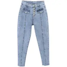 Стрейчевые женские джинсы размера плюс, однобортные, с высокой талией, женские джинсы из денима, шаровары, женские свободные Джинсы бойфренда r2268