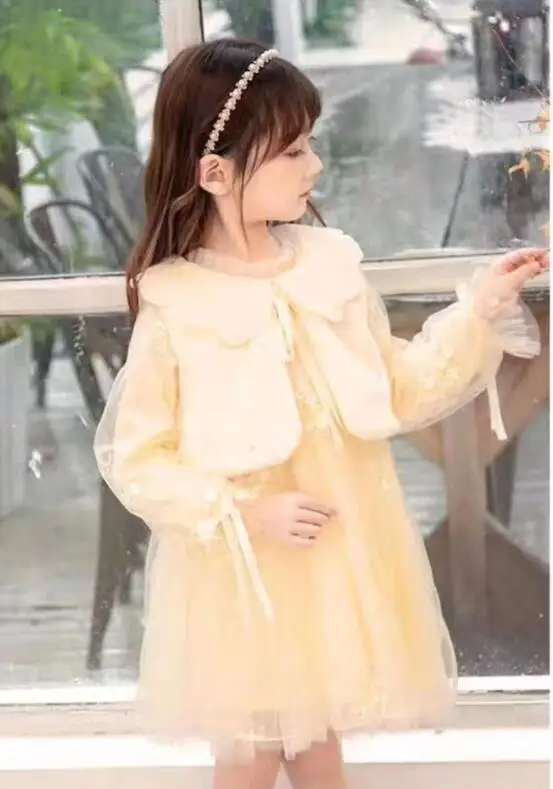 Г. Осенние модные комплекты для маленьких девочек меховой жилет+ платье с длинными рукавами 5 комплектов/партия